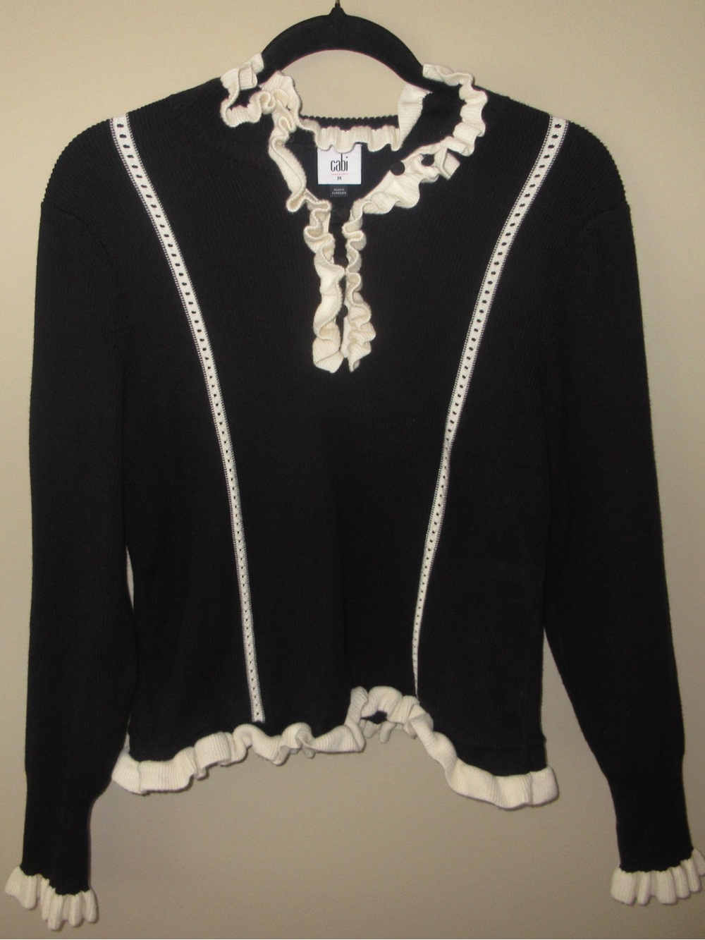 Cabi Black Sweater with Cream Ruffle Trim
